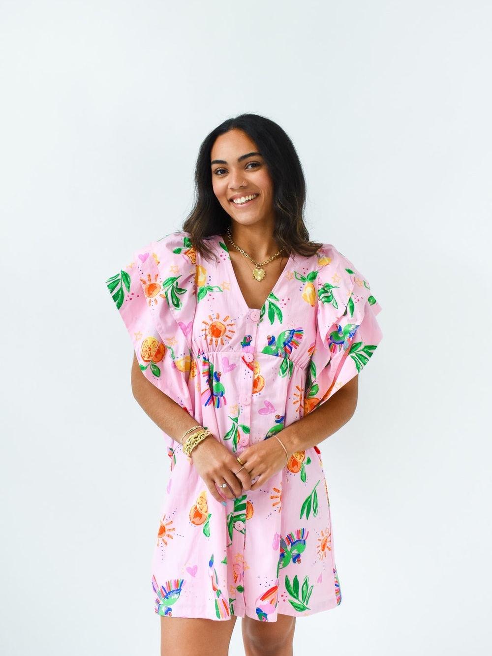 Karlie Toucan Fruit Ruffle Dress SZ S Cotton Pink